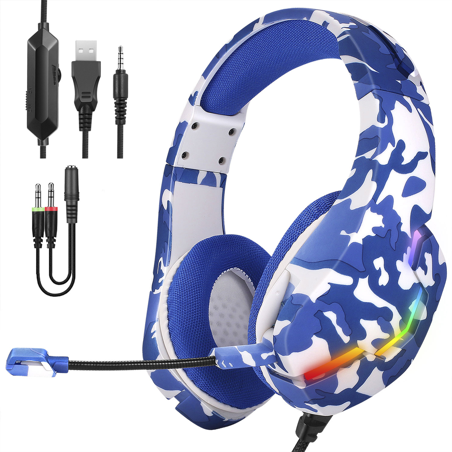 Auriculares gaming camuflaje azul y blanco con micrófono y varios conectores.