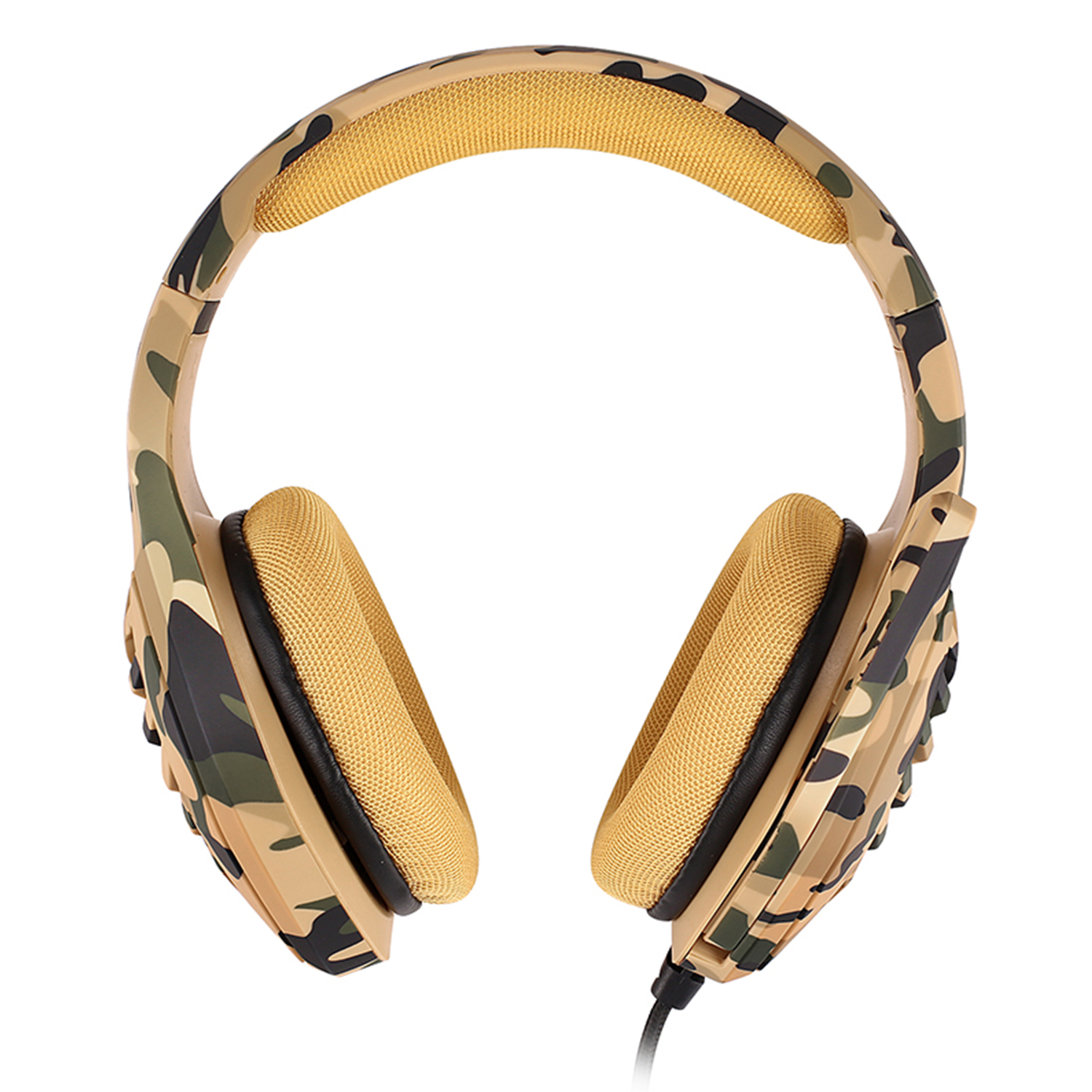 Auriculares de camuflaje con almohadillas y diadema amarillas. Un cable negro desciende de ellos.