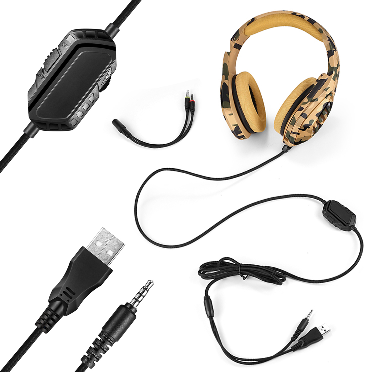 Varios cables de auriculares y aux. Los auriculares tienen un patrón de camuflaje. Visibles conectores USB y 3.5mm.