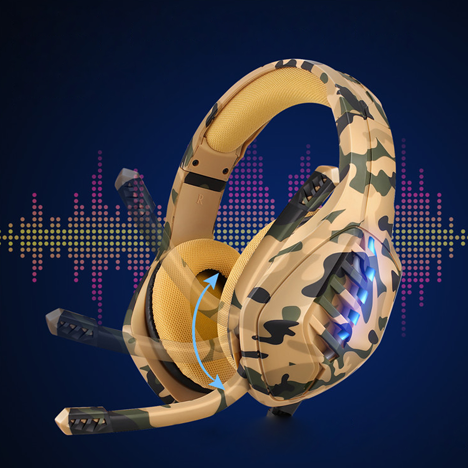 Auriculares gaming camuflaje con micrófono. Diseño azul y dorado.