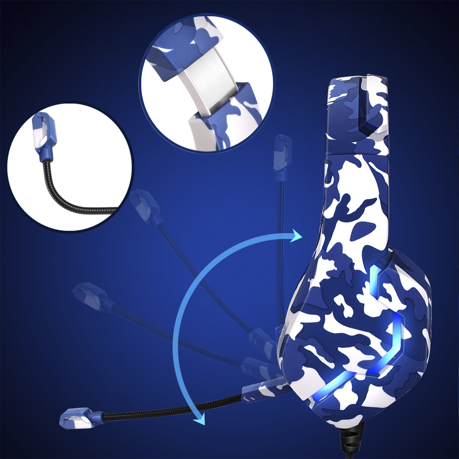 Auriculares gaming camuflajeados azules con micrófono flexible. Micrófono y auricular visibles.