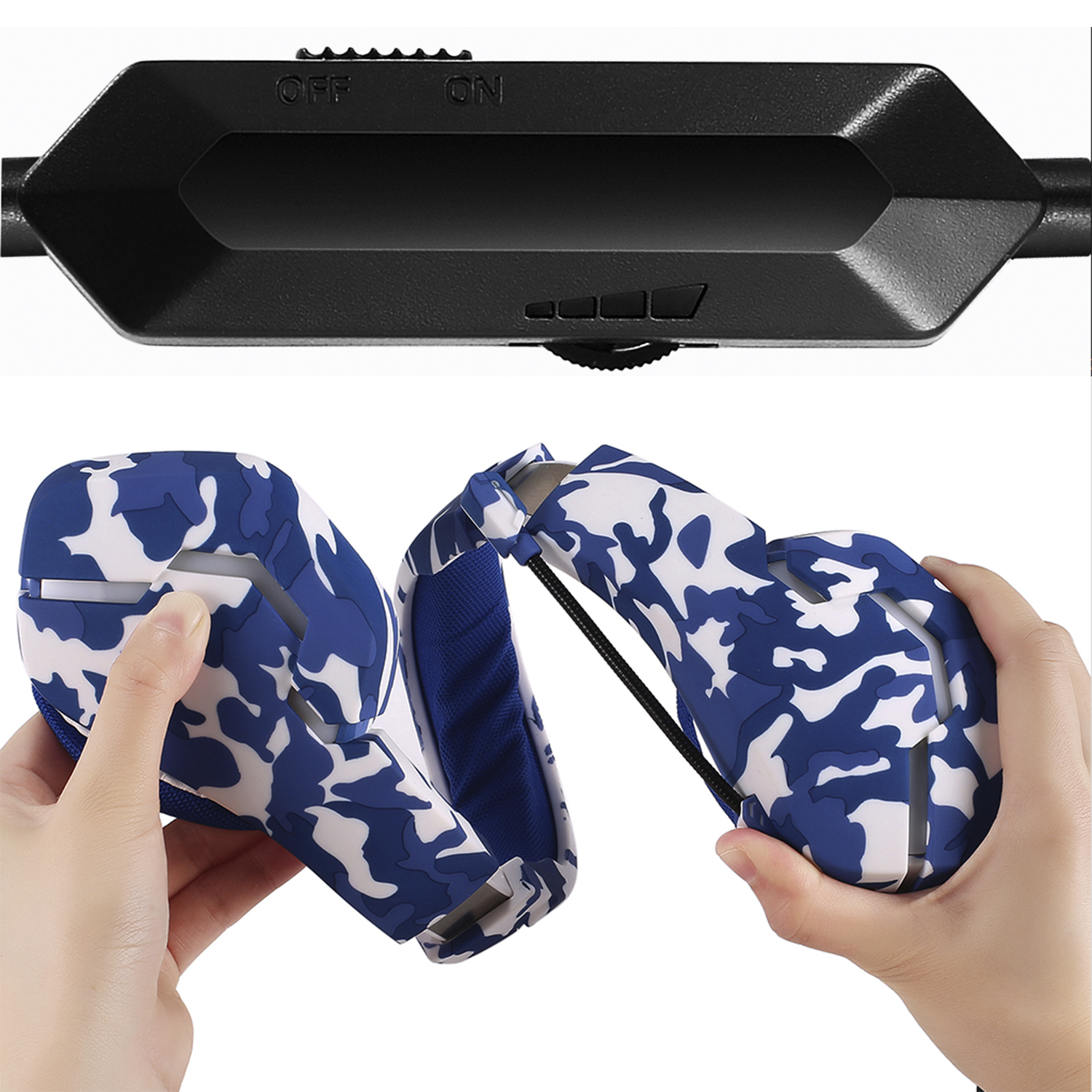 Auriculares camuflaje azul y blanco plegados con panel de control negro.