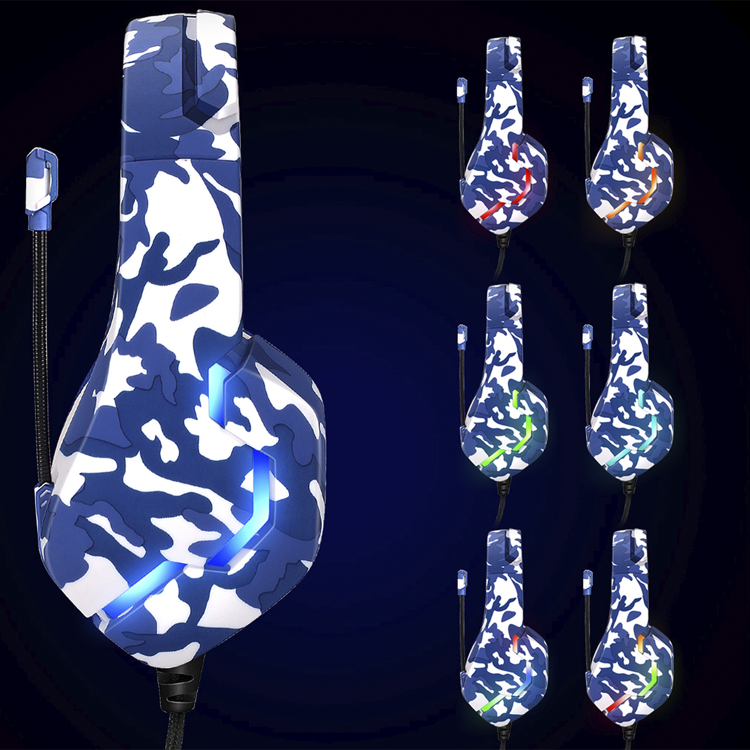 Auriculares para juegos con patrón de camuflaje azul y blanco, con luces azules iluminadas y múltiples opciones de color.