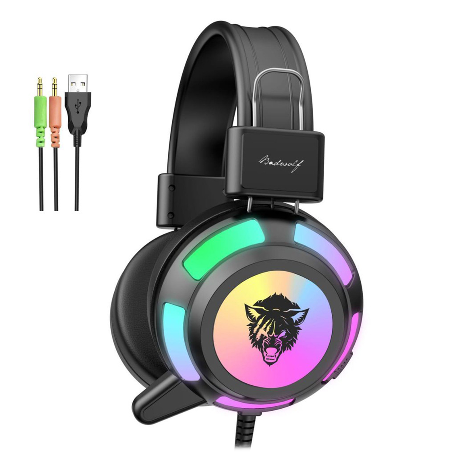 Cuffie da gioco nere con luci colorate, logo del lupo e cavi USB/audio.