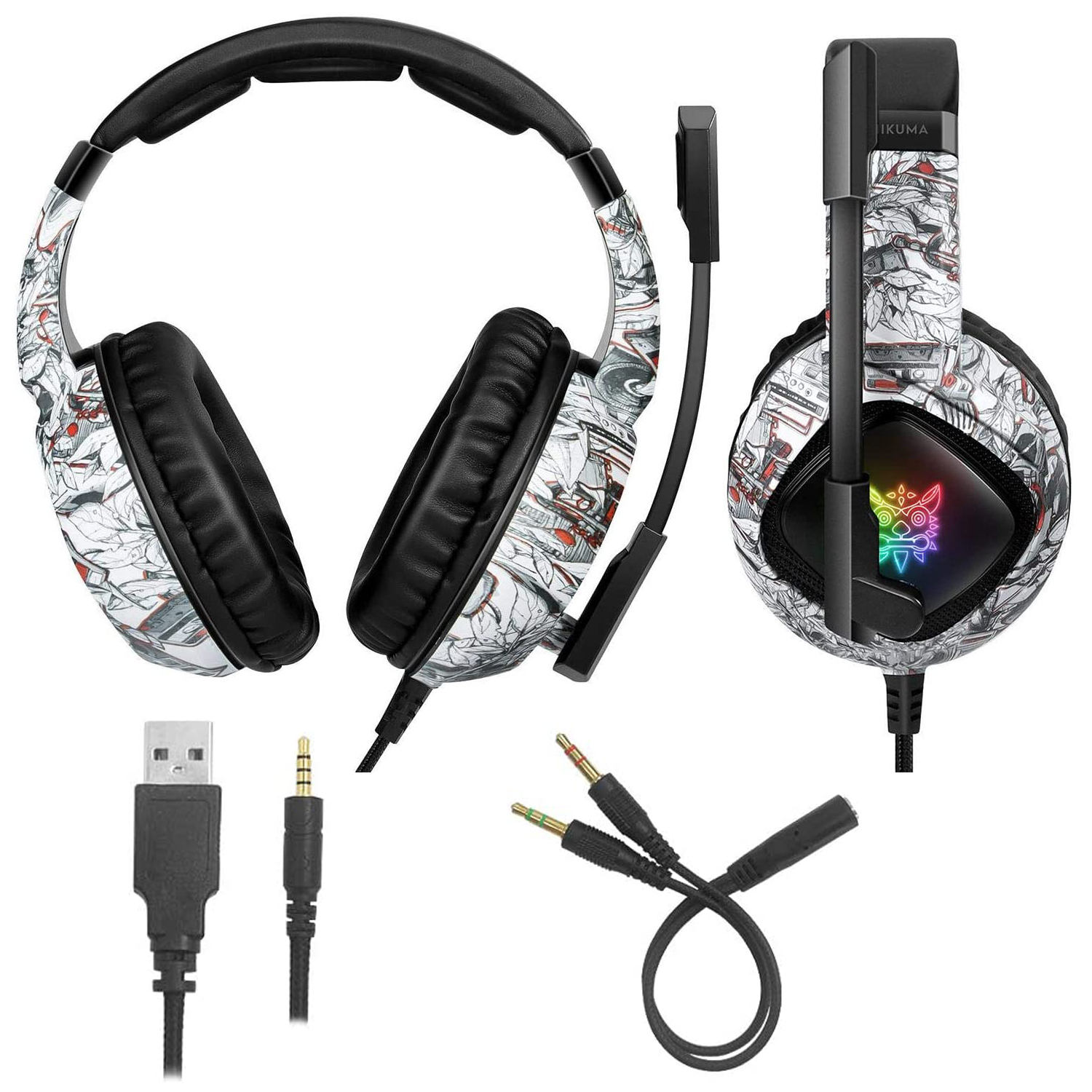 Auriculares para juegos con diseño blanco y micrófono, además de cables y conectores.