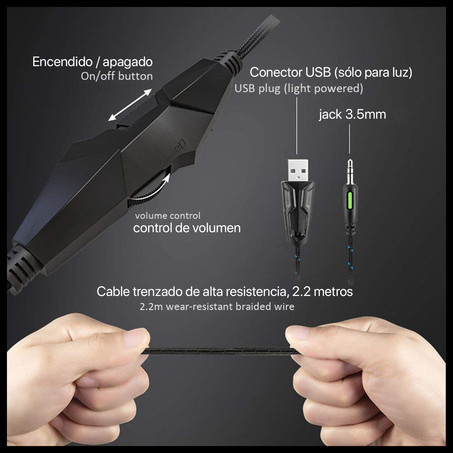 Cable de auriculares para juegos negro. Muestra el botón de encendido/apagado, control de volumen y conectores USB/3,5mm.