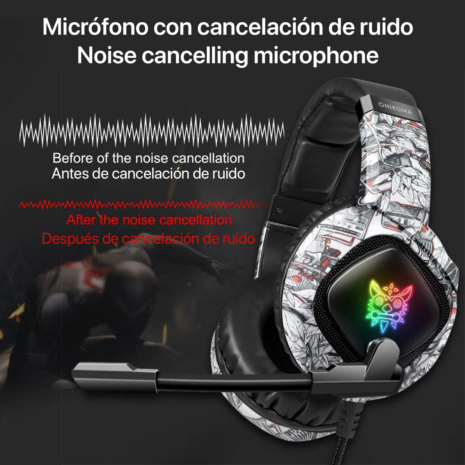 Auriculares para juegos con micrófono con cancelación de ruido. El auricular es blanco y negro, con luces.