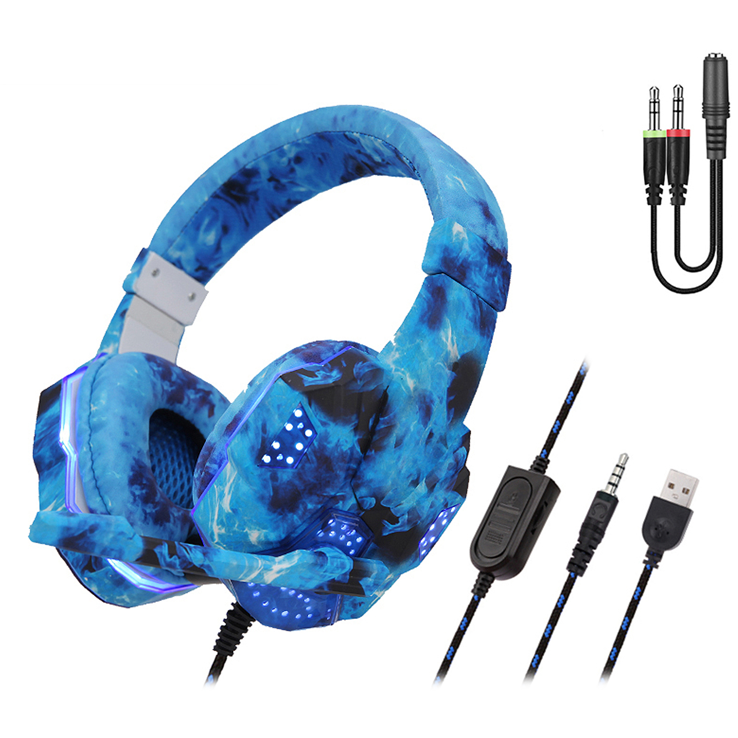 Auriculares para juegos azules y negros con cable y conector. Los auriculares tienen luces brillantes.