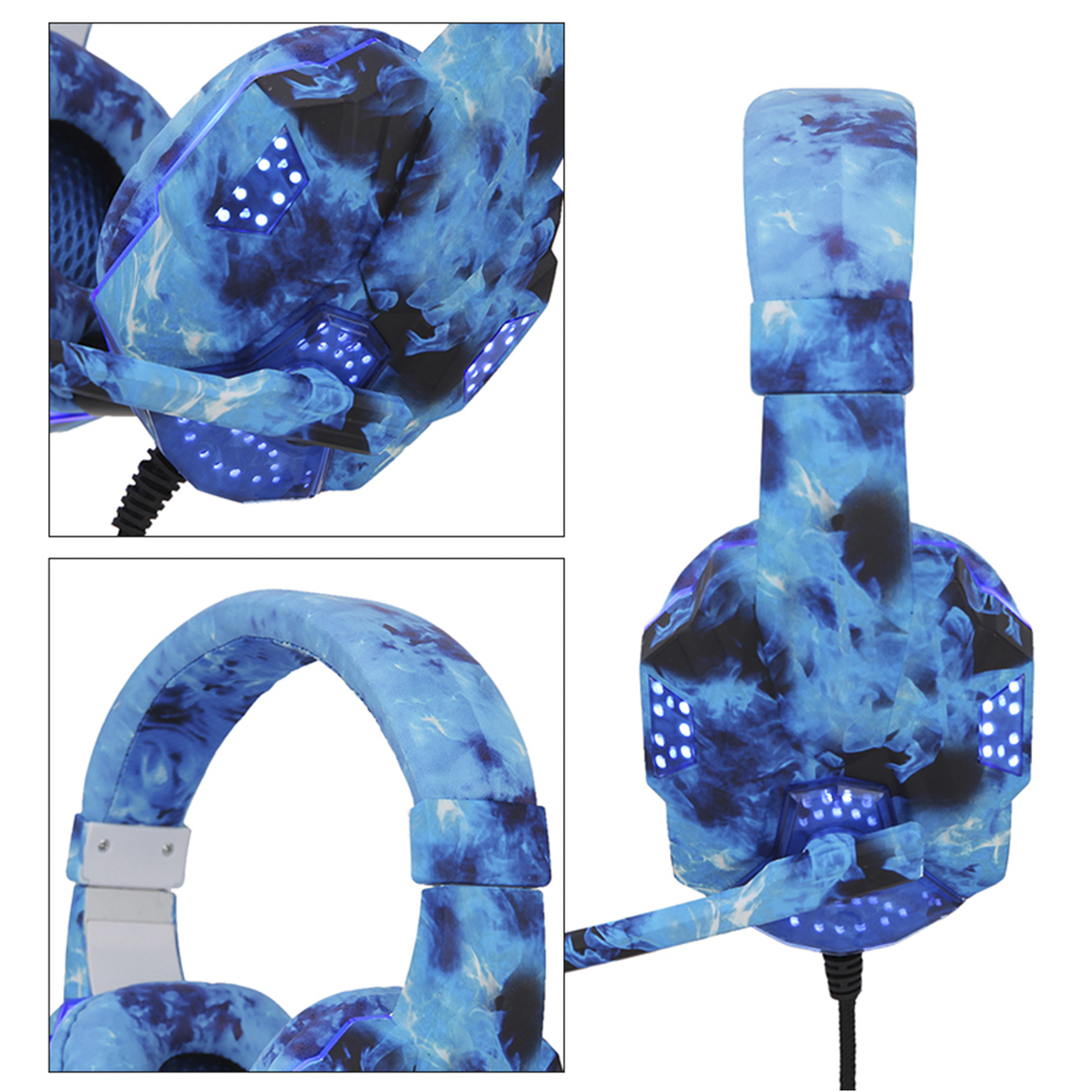 Primeros planos de unos auriculares para juegos con diseño azul y negro.