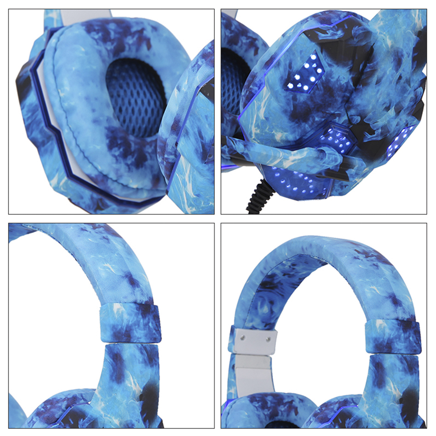 Cuatro imágenes de auriculares para juegos azules. Tienen detalles azules y luces LED. Detalles visibles.