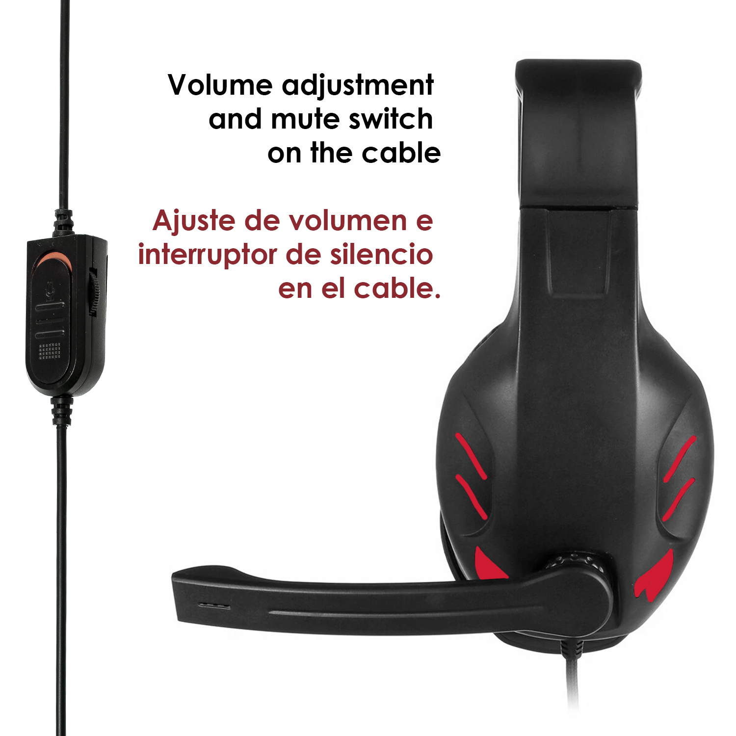 Auriculares para juegos negros con detalles rojos. El texto indica el control de volumen y silencio en el cable.