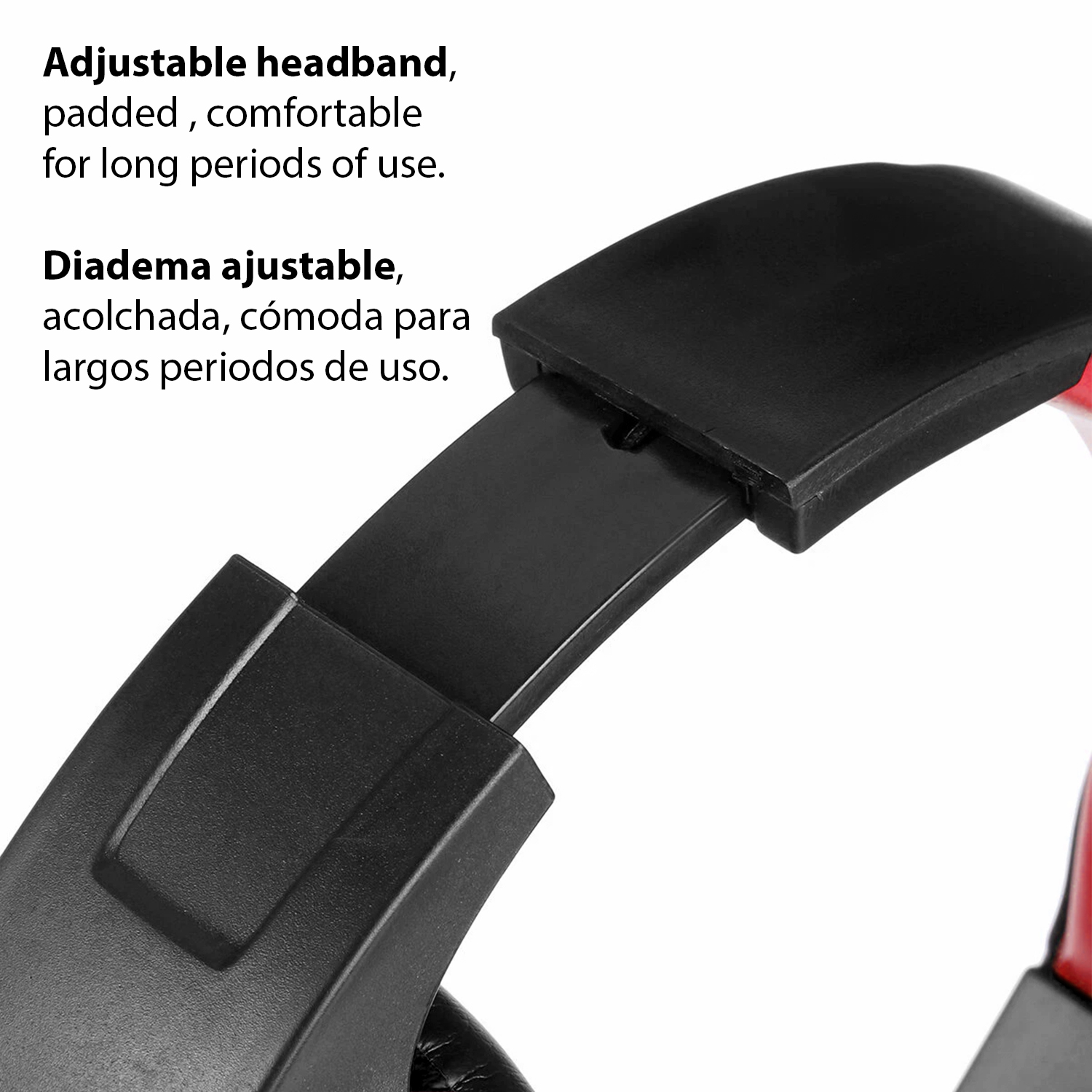 Detalle de la diadema de los auriculares: ajustable, negro y rojo, con texto de comodidad y uso.