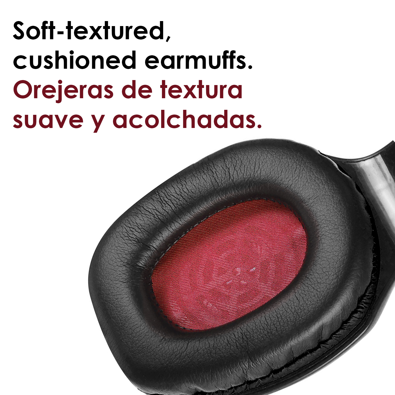 Primer plano de orejeras de auriculares negros con malla roja. El texto dice: 'Orejeras de textura suave y acolchadas'.