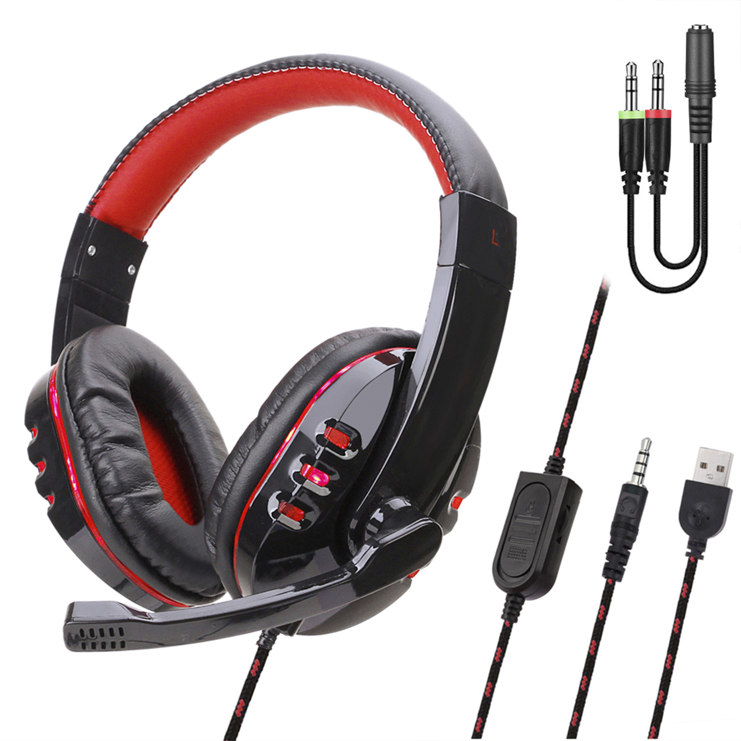 Cuffie da gioco nere e rosse con microfono e vari connettori.