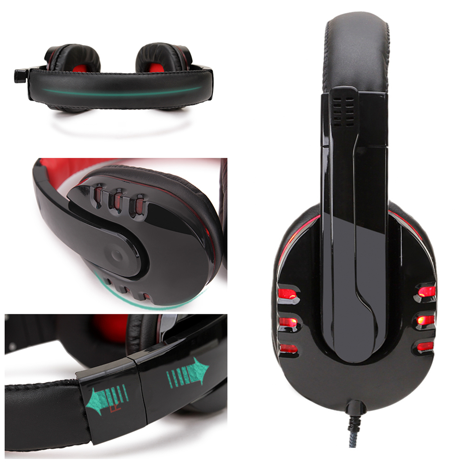 Cuffie da gioco con design rosso e nero, che mostrano dettagli, su sfondo bianco.