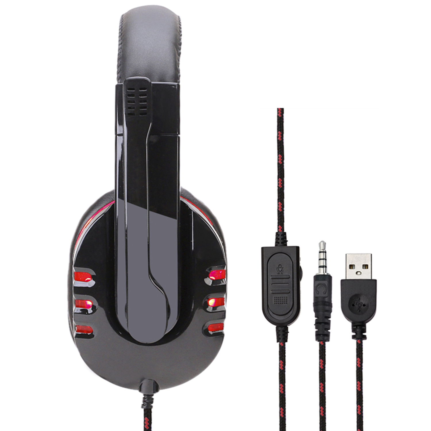 Cuffie da gioco nere con dettagli rossi, che mostrano il retro e il cavo con controlli e connettori.