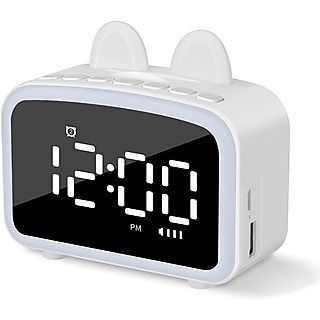 Despertador  - LCD con luz nocturna,  BT incorporado, termómetro, radio, soporte de smartphone. Batería recargable DAM ELECTRONICS, Blanco