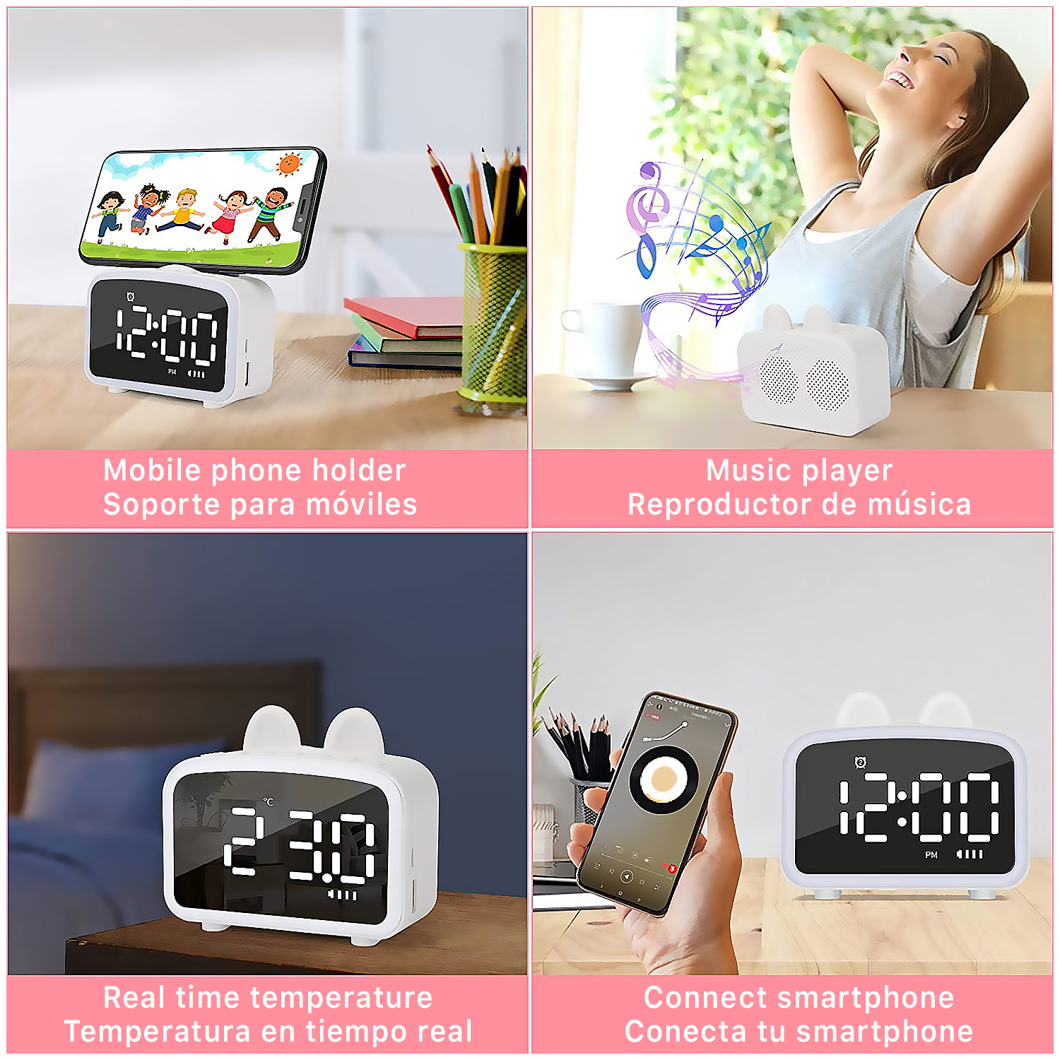Cuatro imágenes que muestran un soporte para teléfono móvil, reproductor de música, temperatura en tiempo real y conexión de teléfono inteligente.
