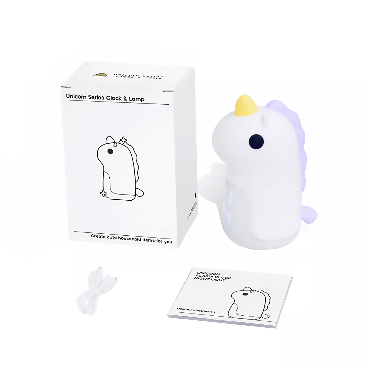 Una luz nocturna blanca con forma de unicornio y una caja blanca con texto, un cable e instrucciones.