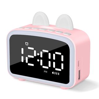 Despertador  - LCD con luz nocturna,  BT incorporado, termómetro, radio, soporte de smartphone. Batería recargable DAM ELECTRONICS, Rosa Claro