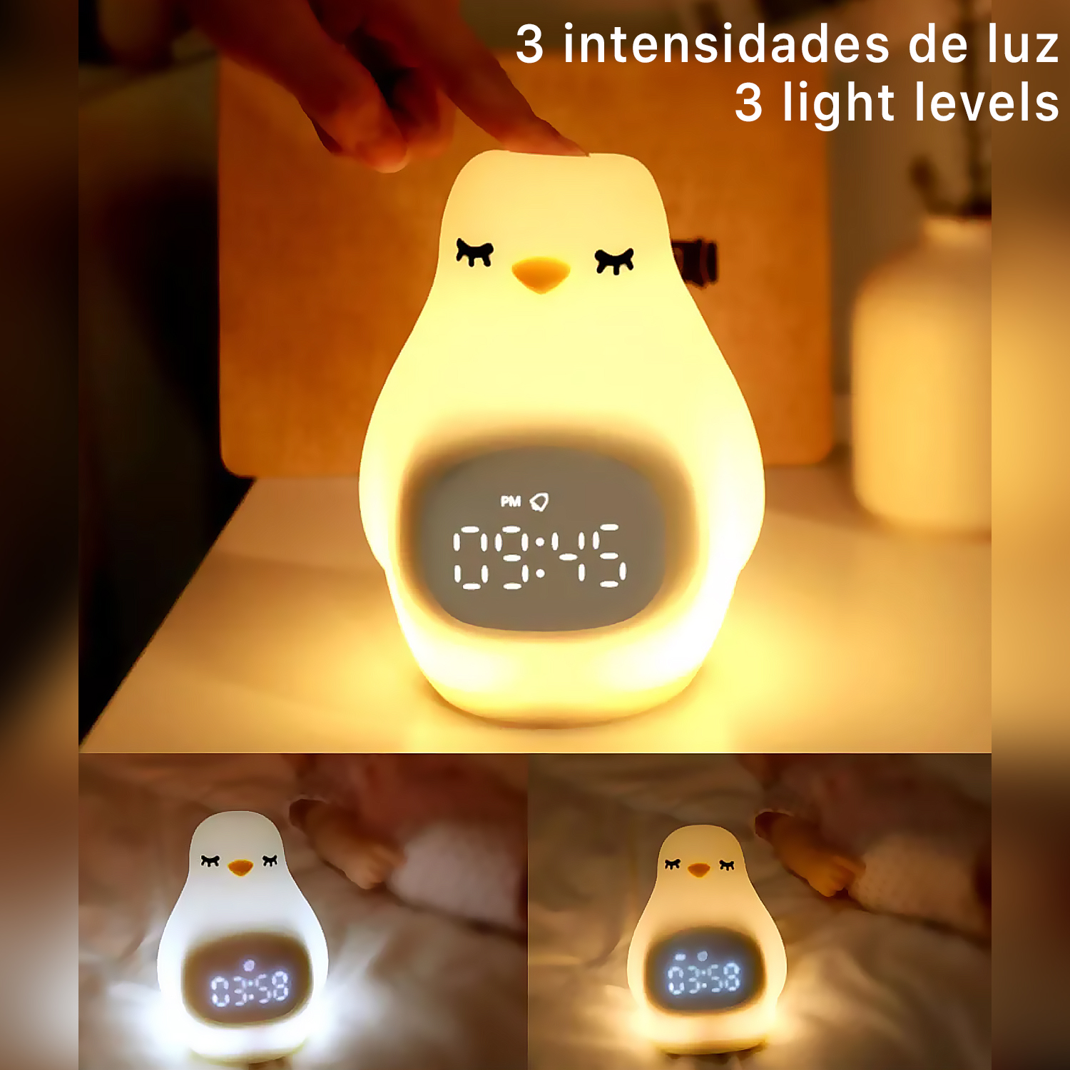Una luz nocturna de pingüino con pantalla de reloj digital y tres niveles de luz.