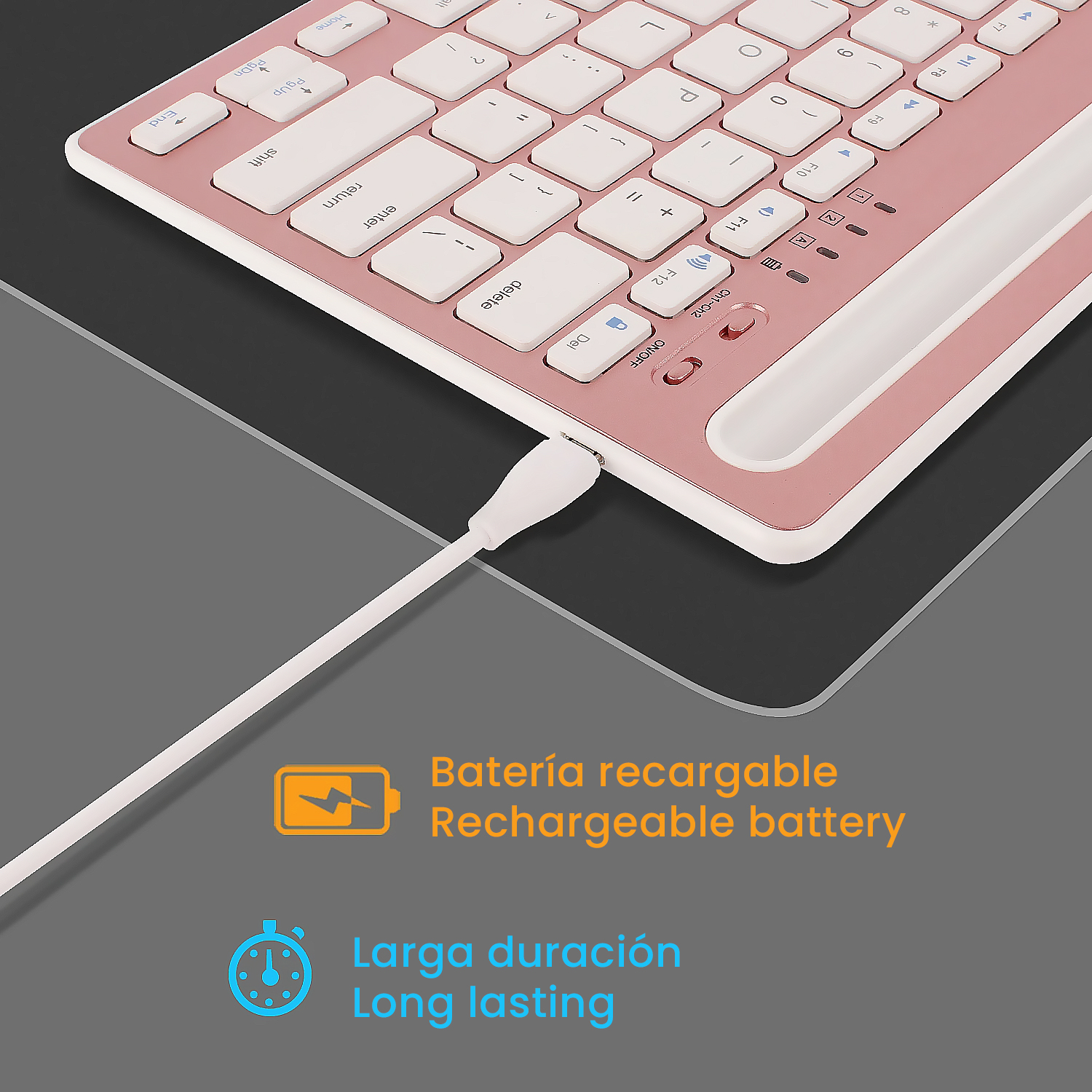 Teclado rosa con teclas blancas y cable de carga. Incluye texto sobre batería recargable.