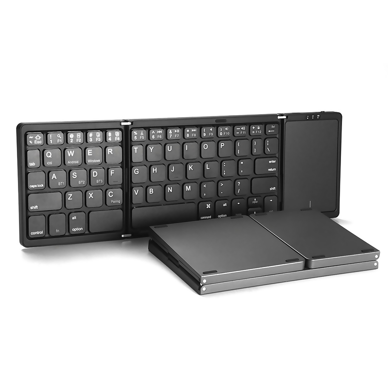 Teclado negro plegable con panel táctil, parcialmente desplegado, sobre fondo blanco.