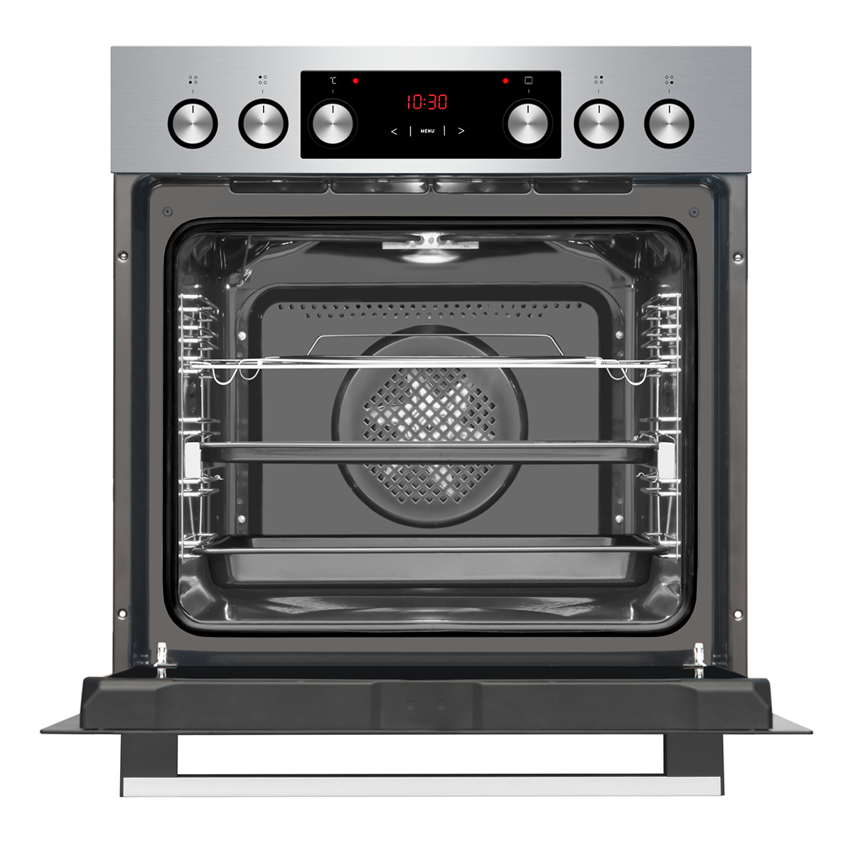 Ein offener Edelstahl-Backofen mit Innenregalen und Digitalanzeige.