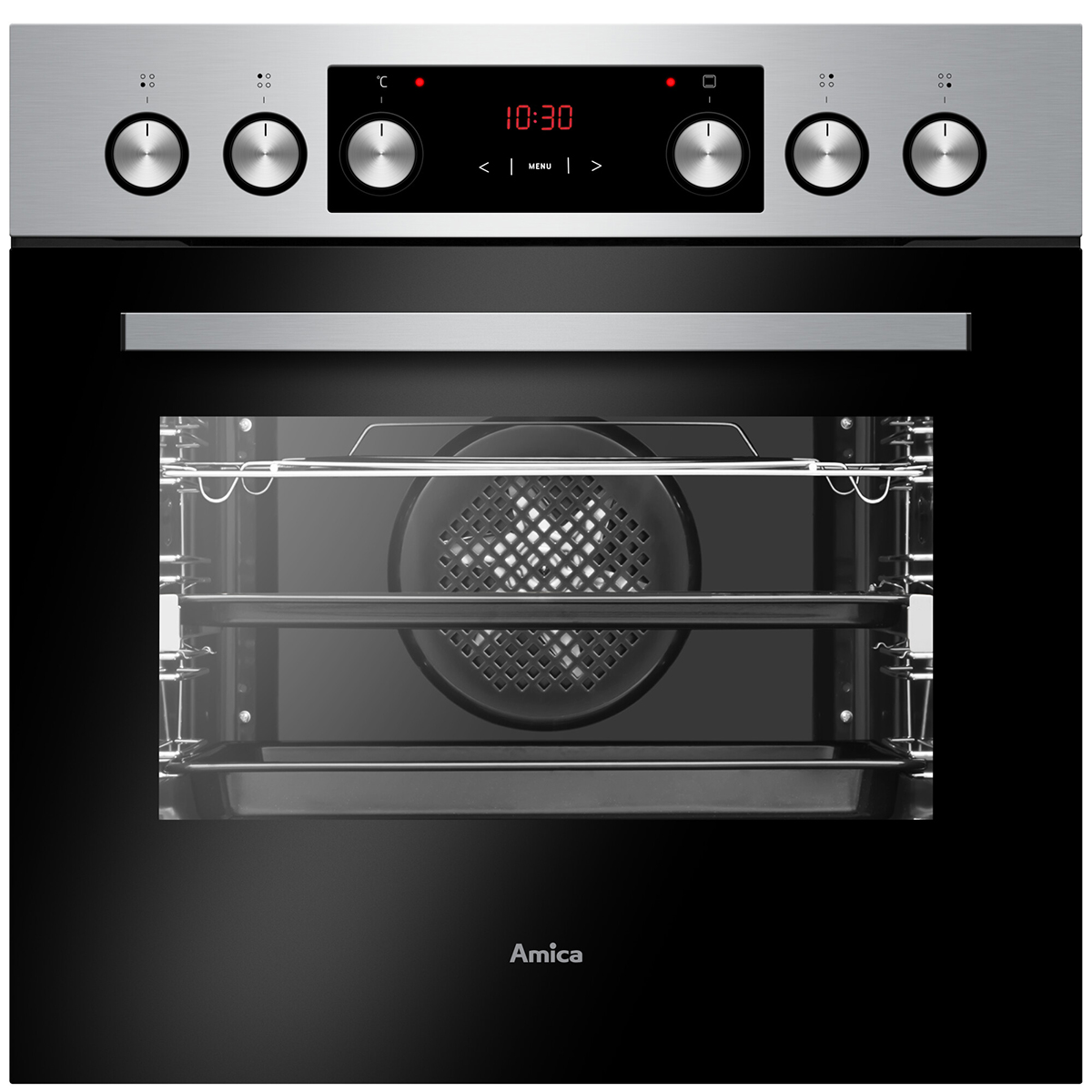 Ein Backofen mit Digitalanzeige, Knöpfen und Glastür. Die Marke ist Amica.