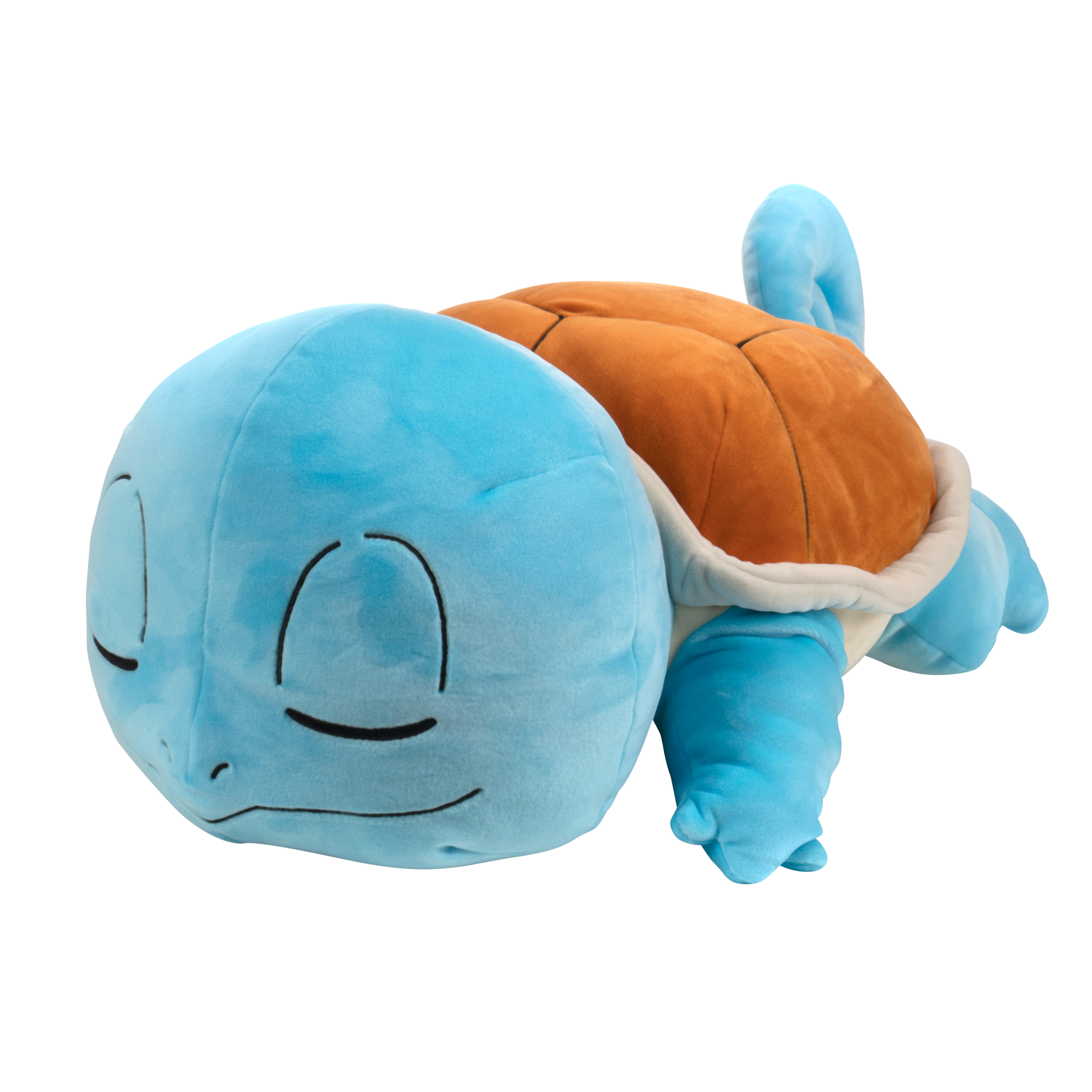 Blaues Squirtle-Plüschtier, brauner Panzer, liegend.