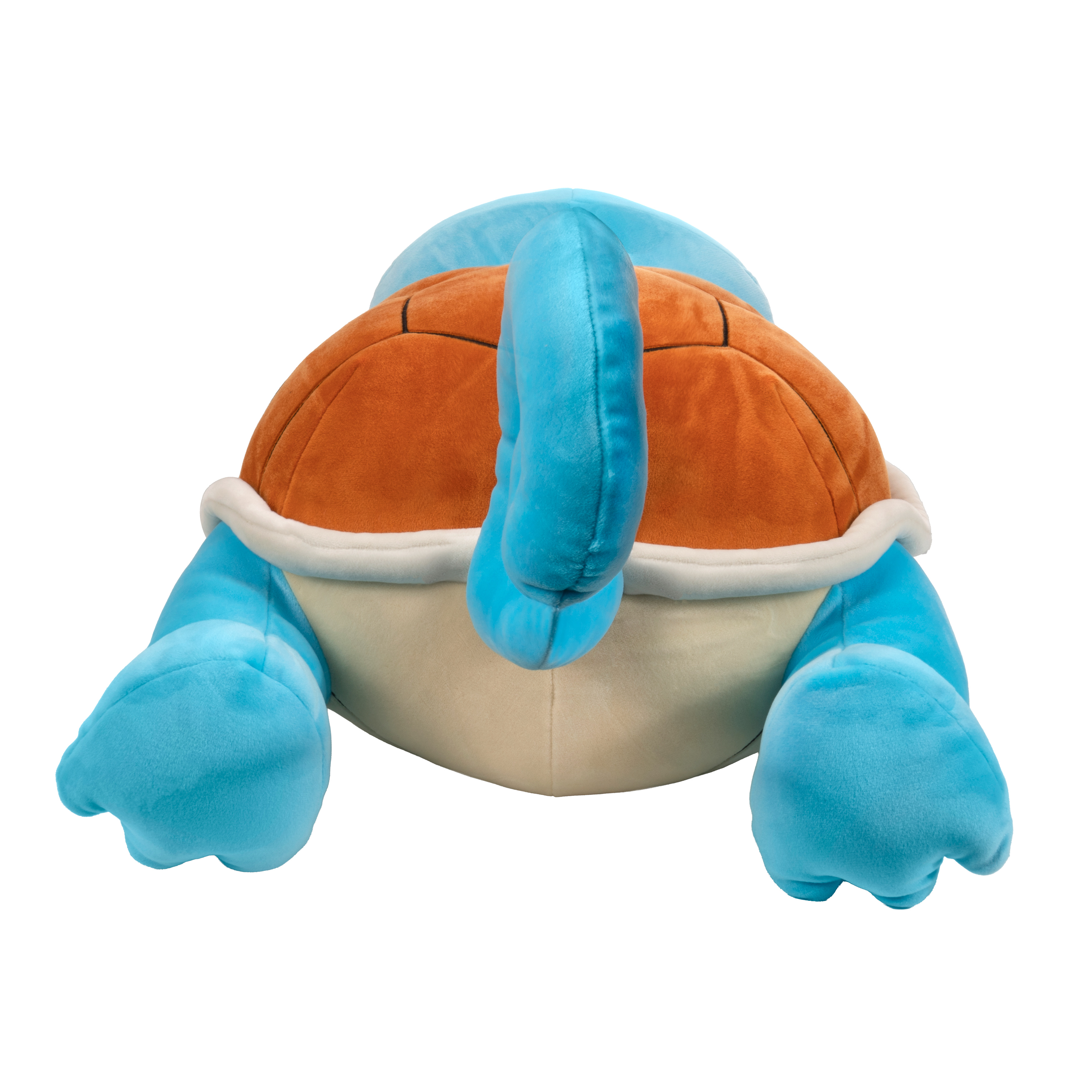 Ein Plüschtier, eine blaue und orangefarbene Schildkröte, wird von hinten mit weißem Hintergrund gezeigt.