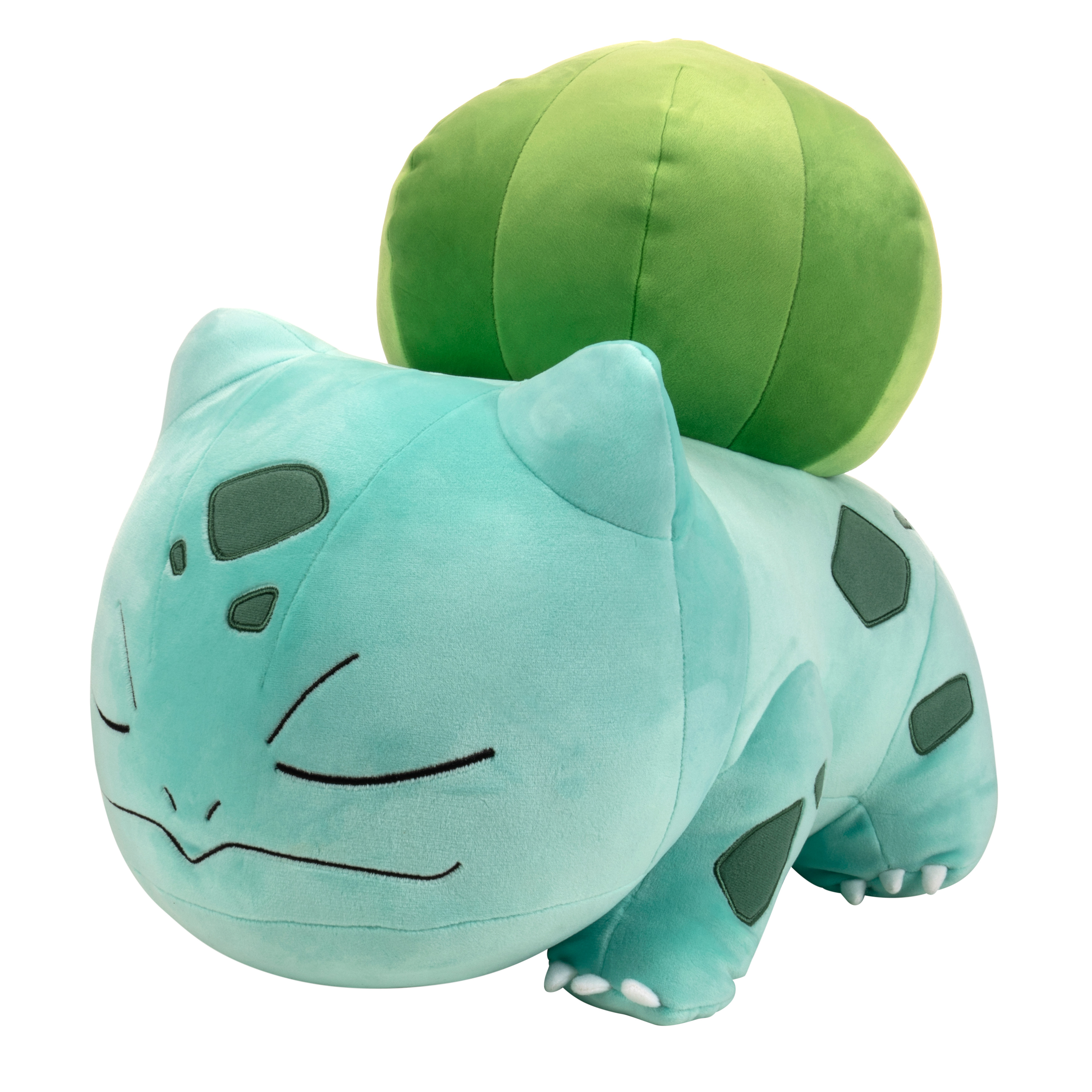 Bulbasaur-Plüschtier, eine grüne Pokémon-Figur. Es hat eine grüne Knolle auf dem Rücken und ist vor weißem Hintergrund.