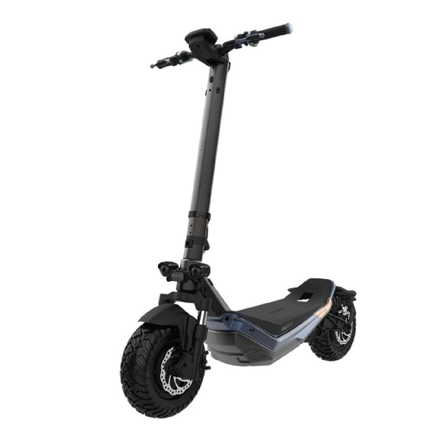 Scooter elettrico con telaio nero, ruote grandi e un'interfaccia utente. Sfondo scuro.