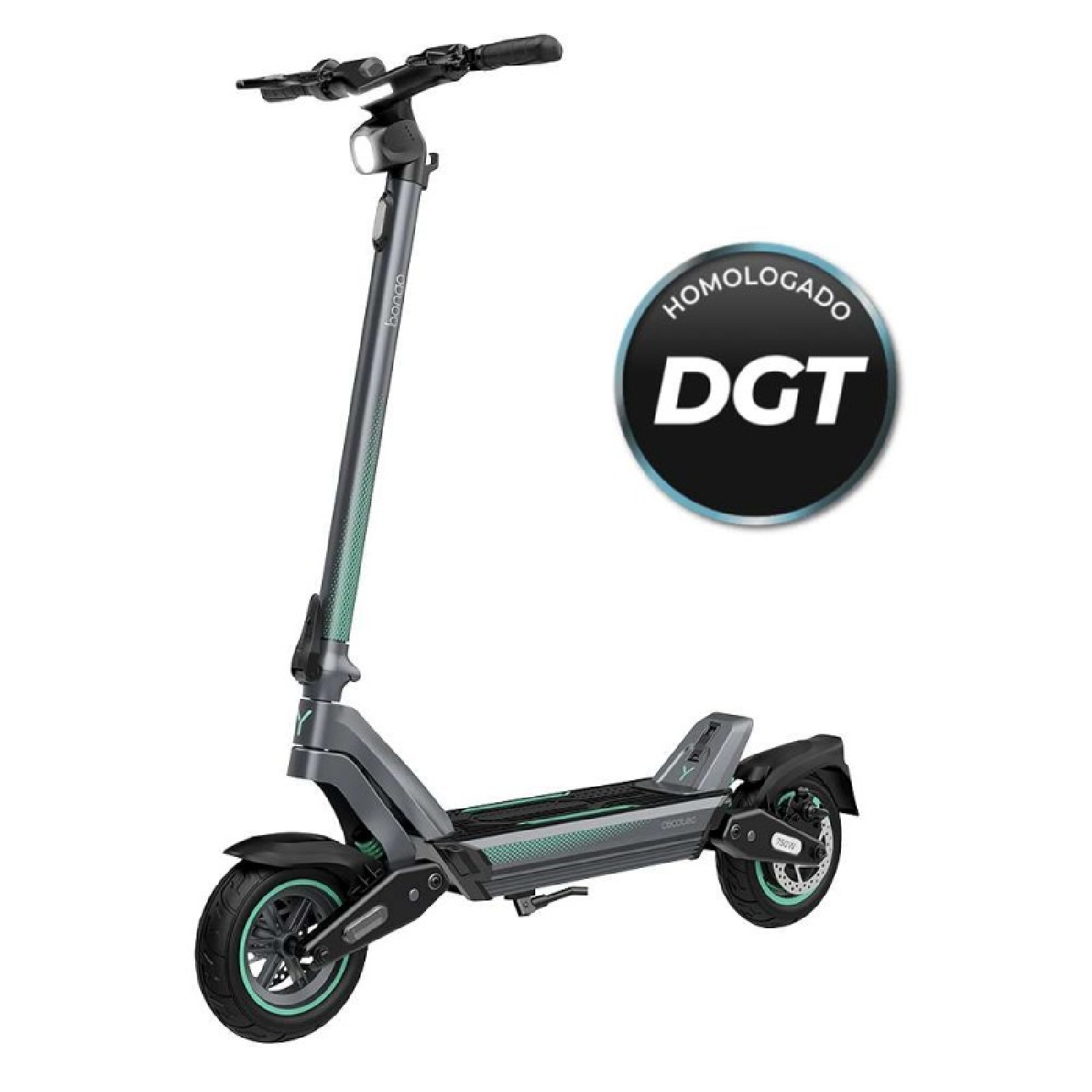 Patinete eléctrico gris y negro. Tiene faro y texto "DGT" visible.