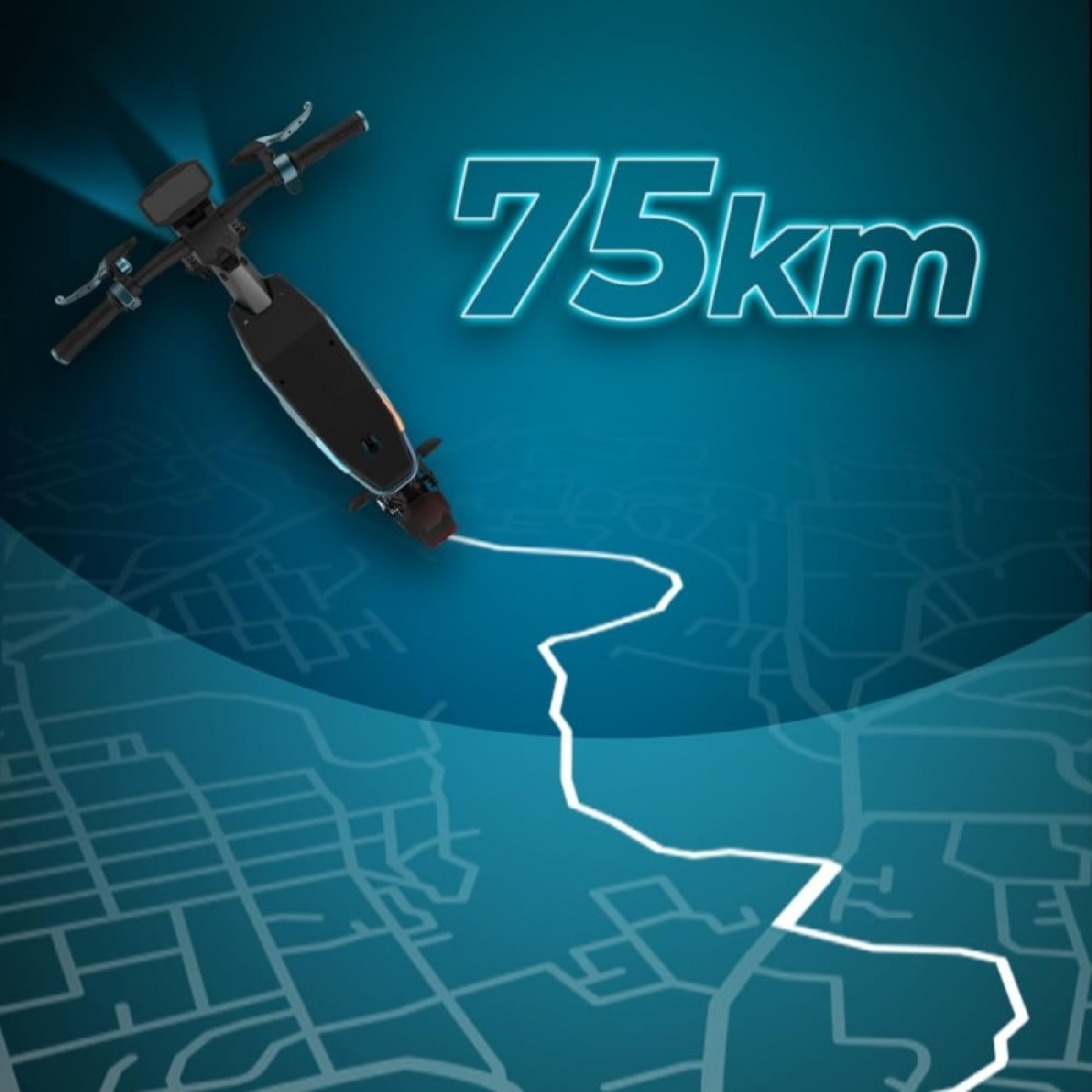 Uno scooter con una mappa sullo sfondo e il testo “75km” in stile neon blu.