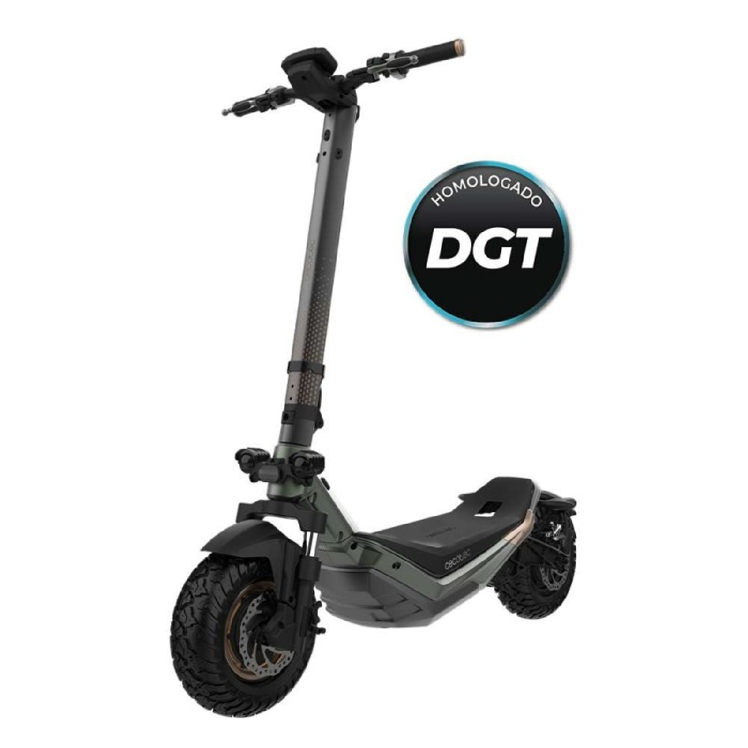 Patinete eléctrico verde y negro con logotipo DGT. Fondo blanco.