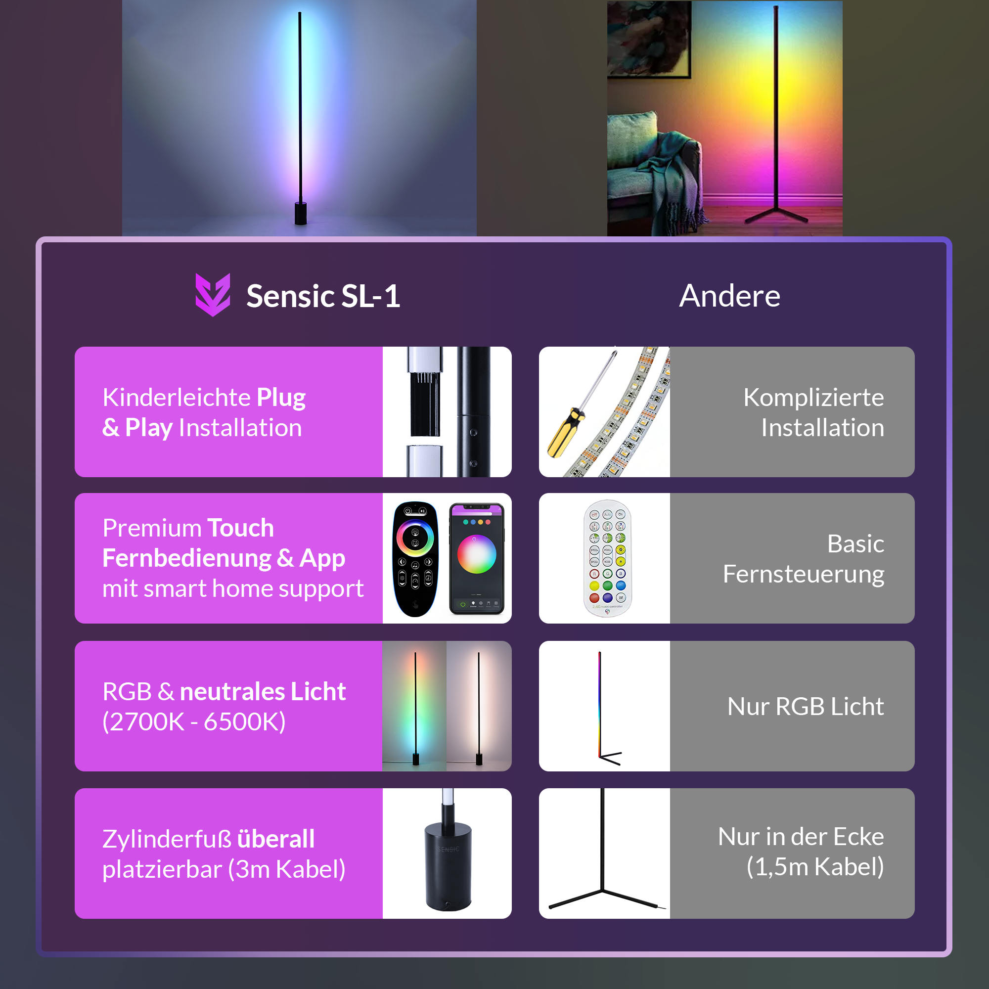 Corner Ecklampe RGBW LED Stehlampe SENSIC SL-1 lamp - mit App-Steuerung RGB