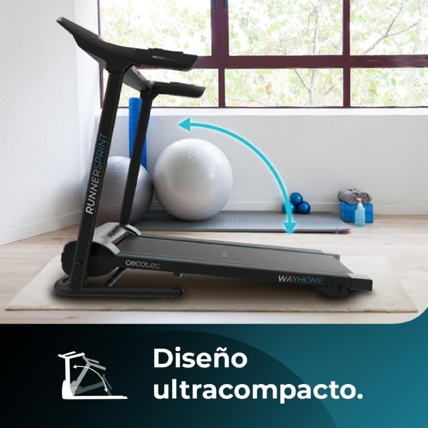 Una cinta de correr negra con detalles azules y una bola blanca y otros equipos de ejercicio.