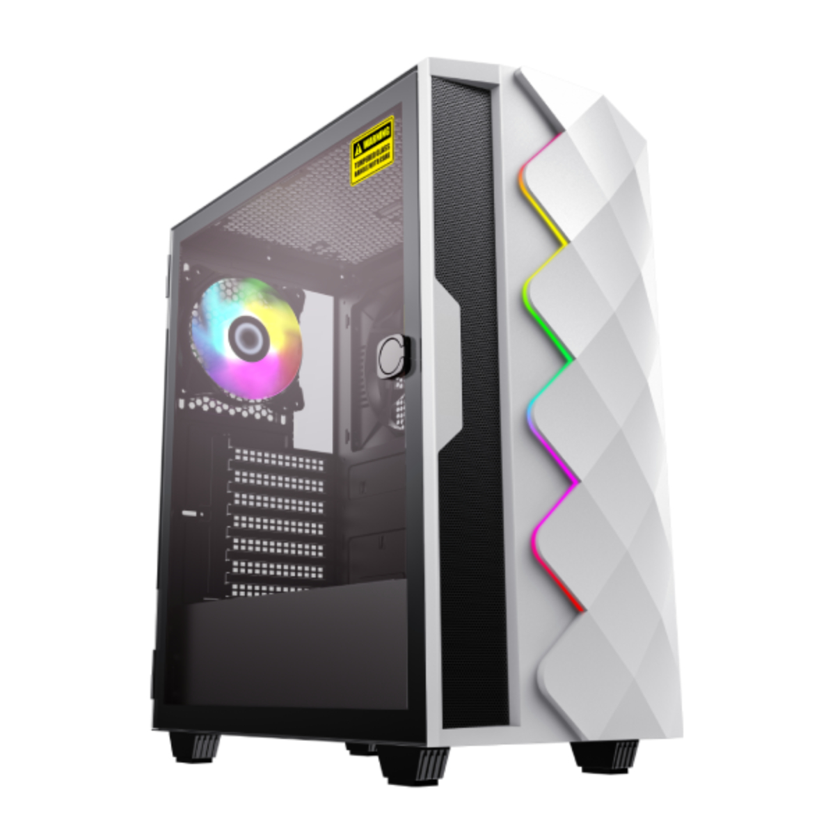 Weißes PC-Gehäuse mit Glasseite, RGB-Lüfter und weißer geometrischer Frontplatte.