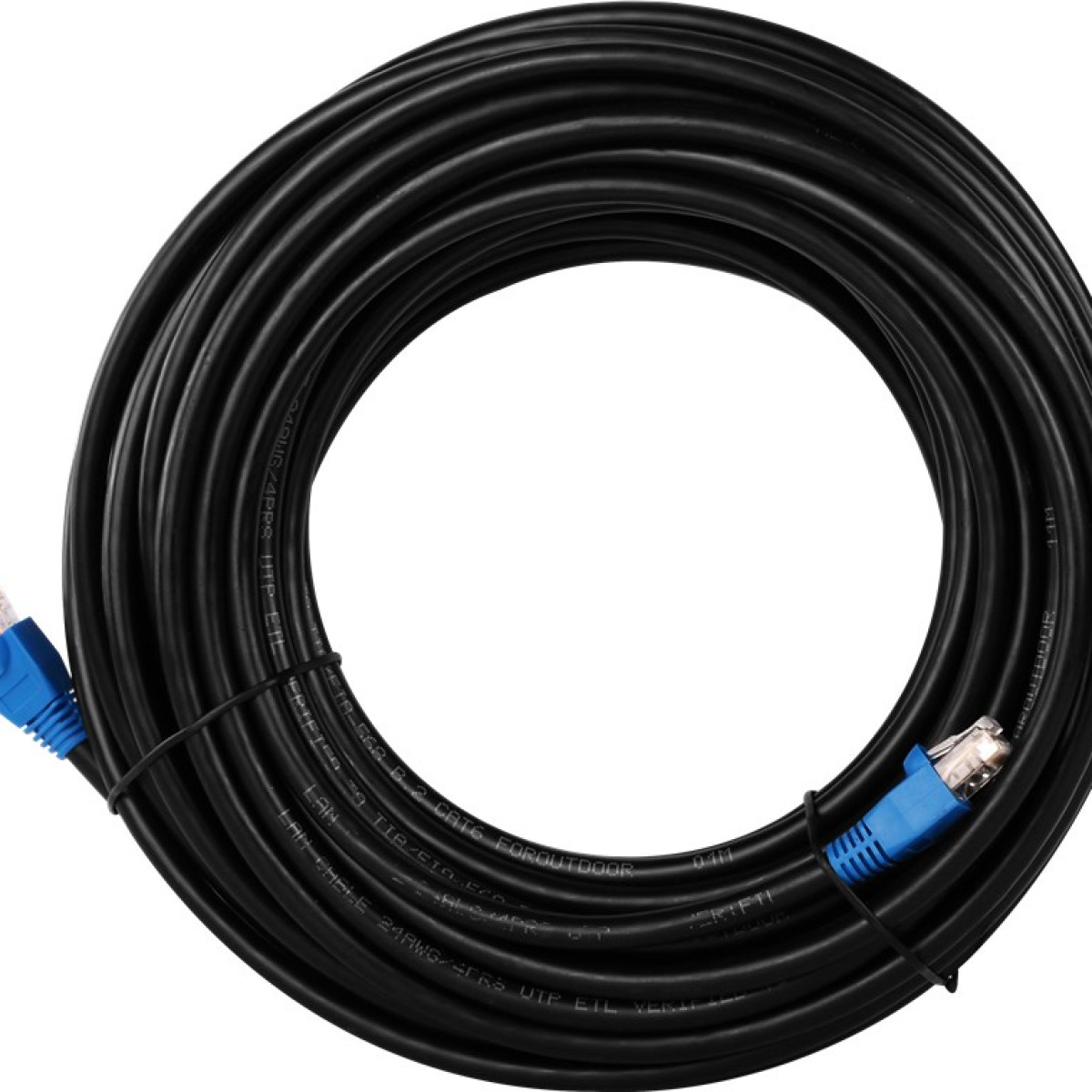 Ein schwarzes Ethernet-Kabel aufgerollt mit blauen Steckern an beiden Enden. Das Kabel ist beschriftet.