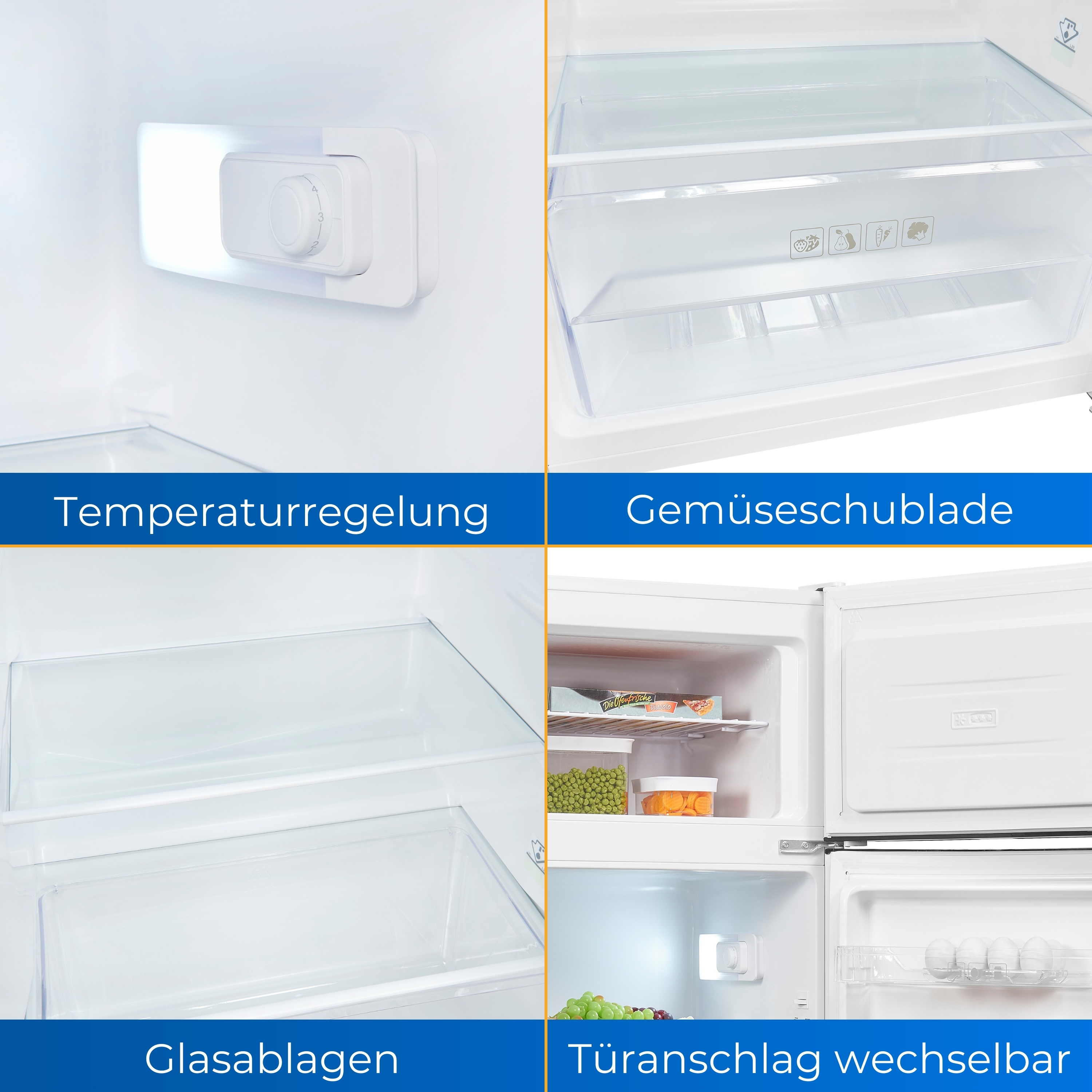 Kühlschrankinnenraum mit Regalen und Schubladen. Text: Temperaturregelung, Gemüseschublade.