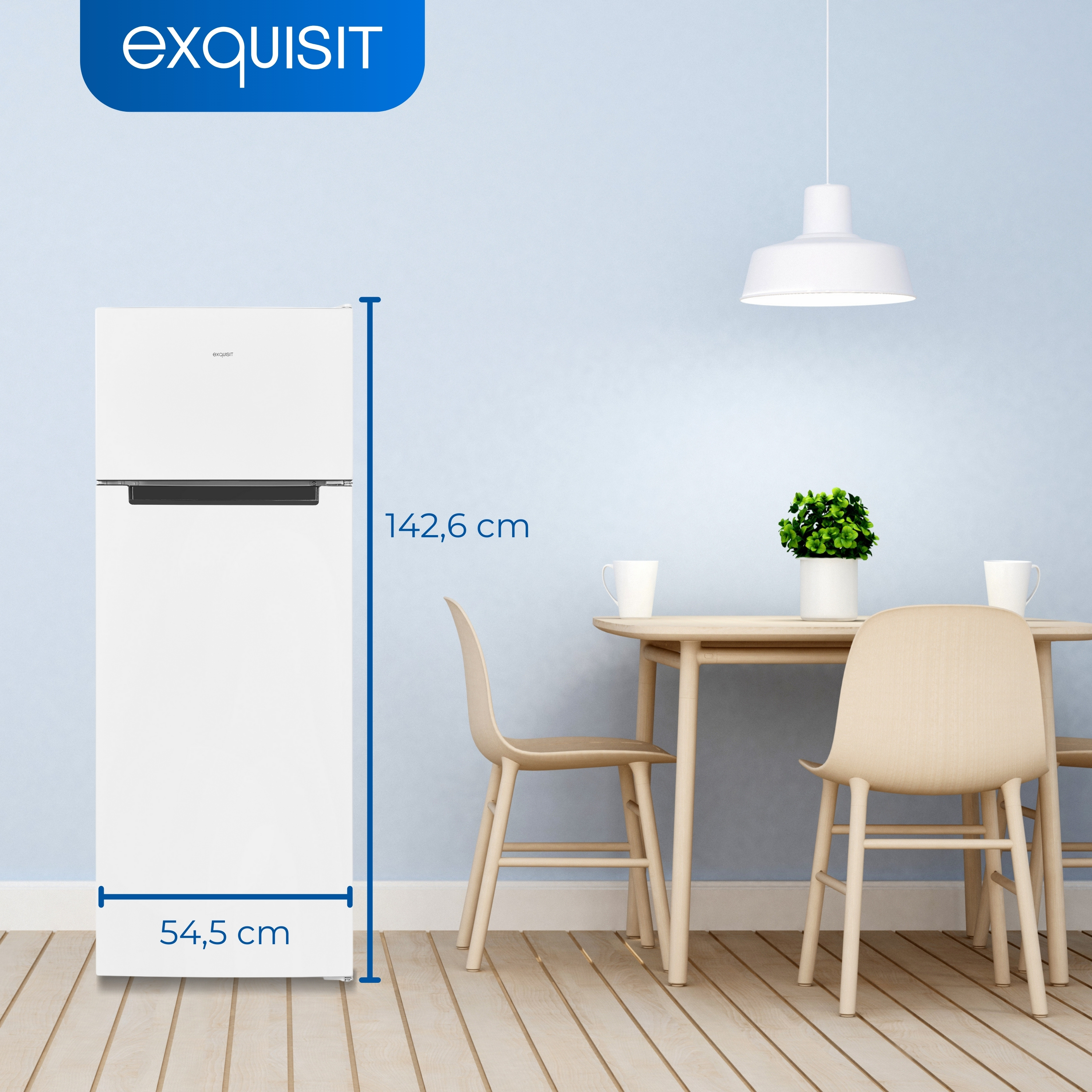 Weißer Kühlschrank mit Maßen. Blaue vertikale Linie zeigt die Höhe von 142,6 cm.