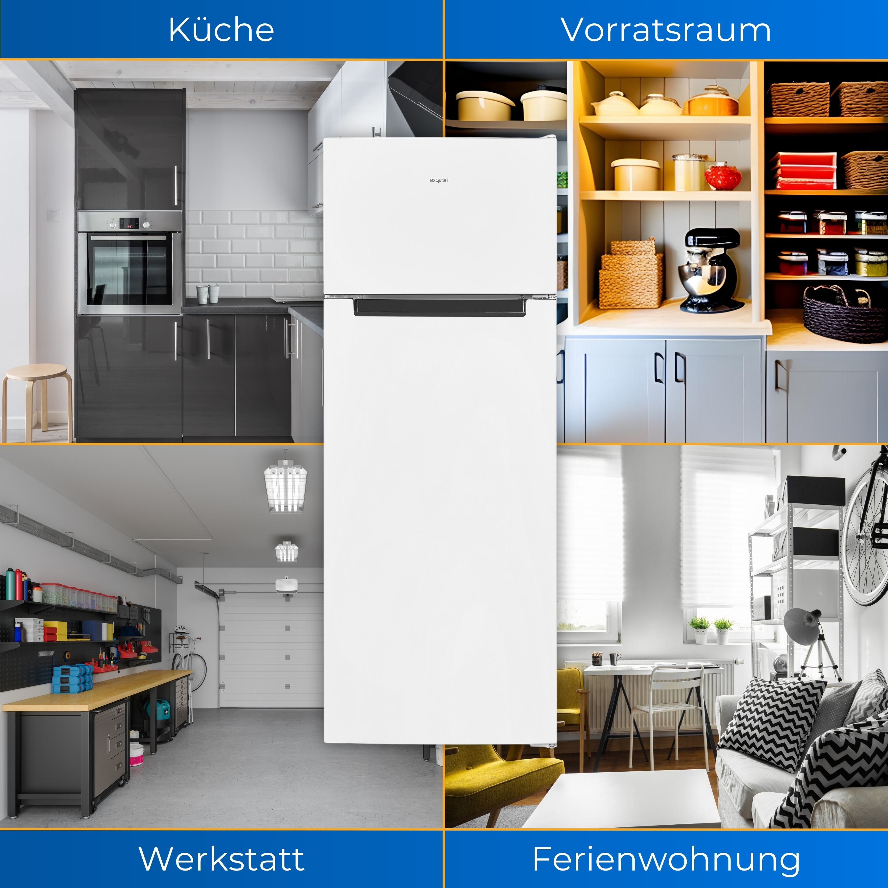 Ein weißer Kühlschrank in verschiedenen Räumen: Küche, Vorratsraum, Werkstatt und Ferienwohnung.