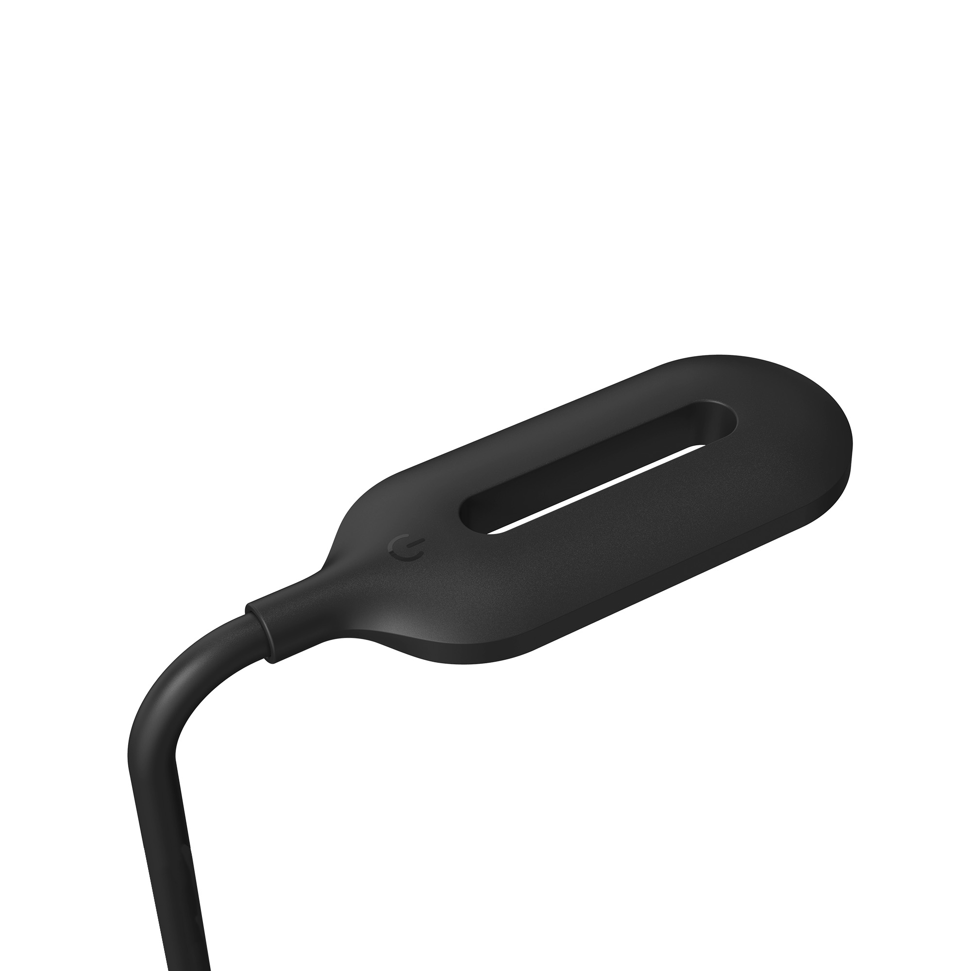 Lámpara de escritorio LED negra y delgada. Tiene una cabeza curvada con un símbolo de encendido.