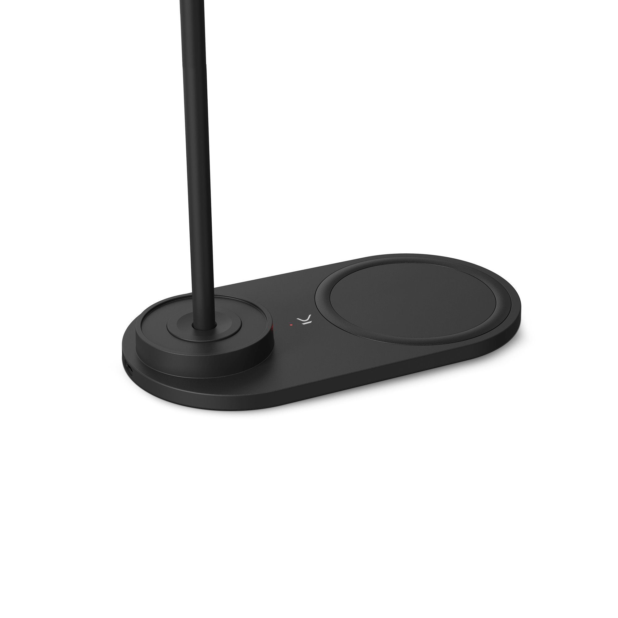 Base de lámpara negra con plataforma de carga. Un poste de lámpara negro se extiende hacia arriba desde la base.