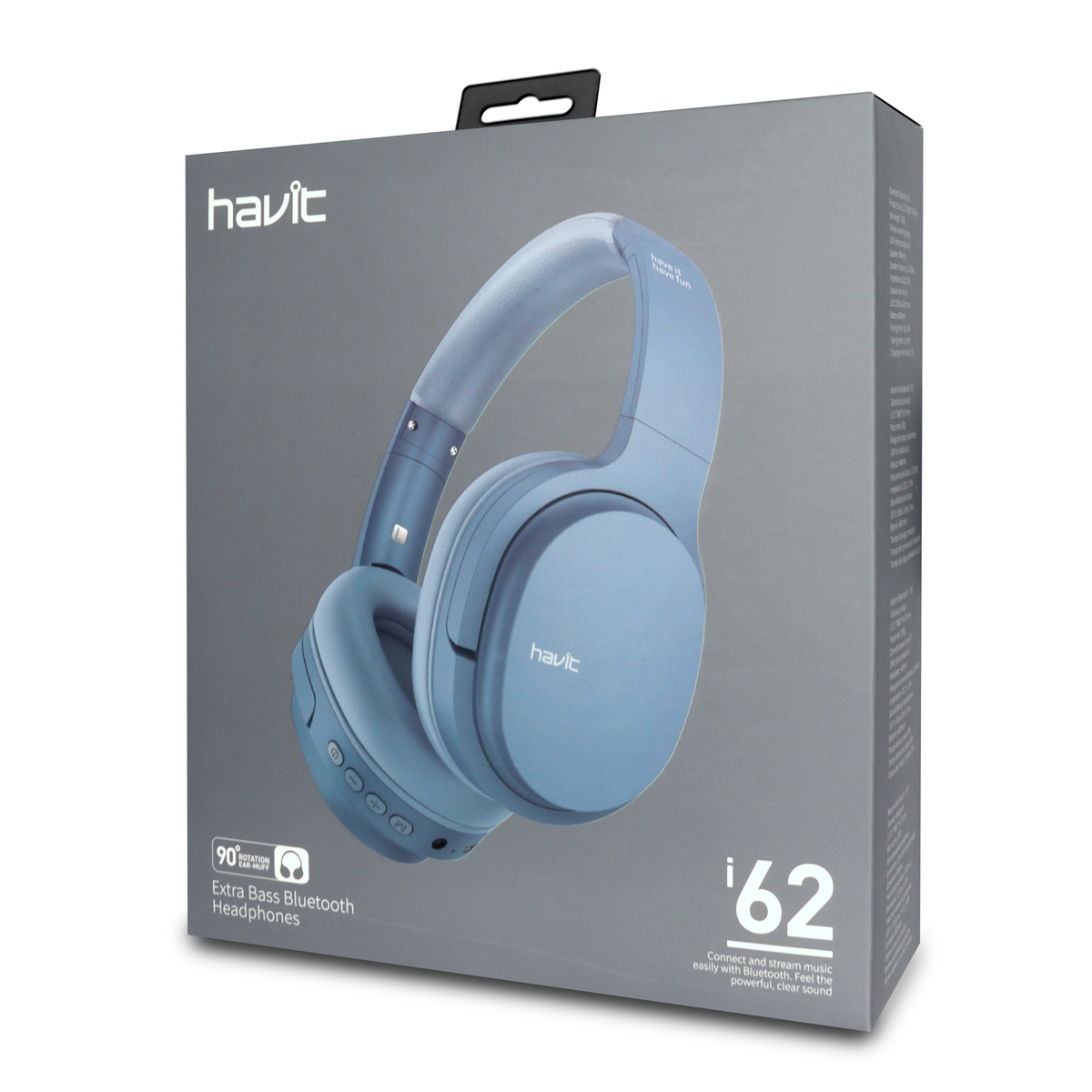 Auriculares azules en una caja con la marca 'havit' y el texto 'Extra Bass Bluetooth Headphones'.