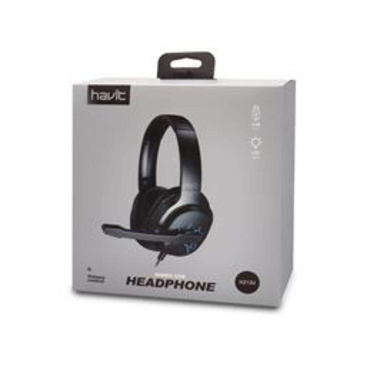 Auriculares en una caja. Auriculares negros con micrófono. La caja es gris y tiene la marca.