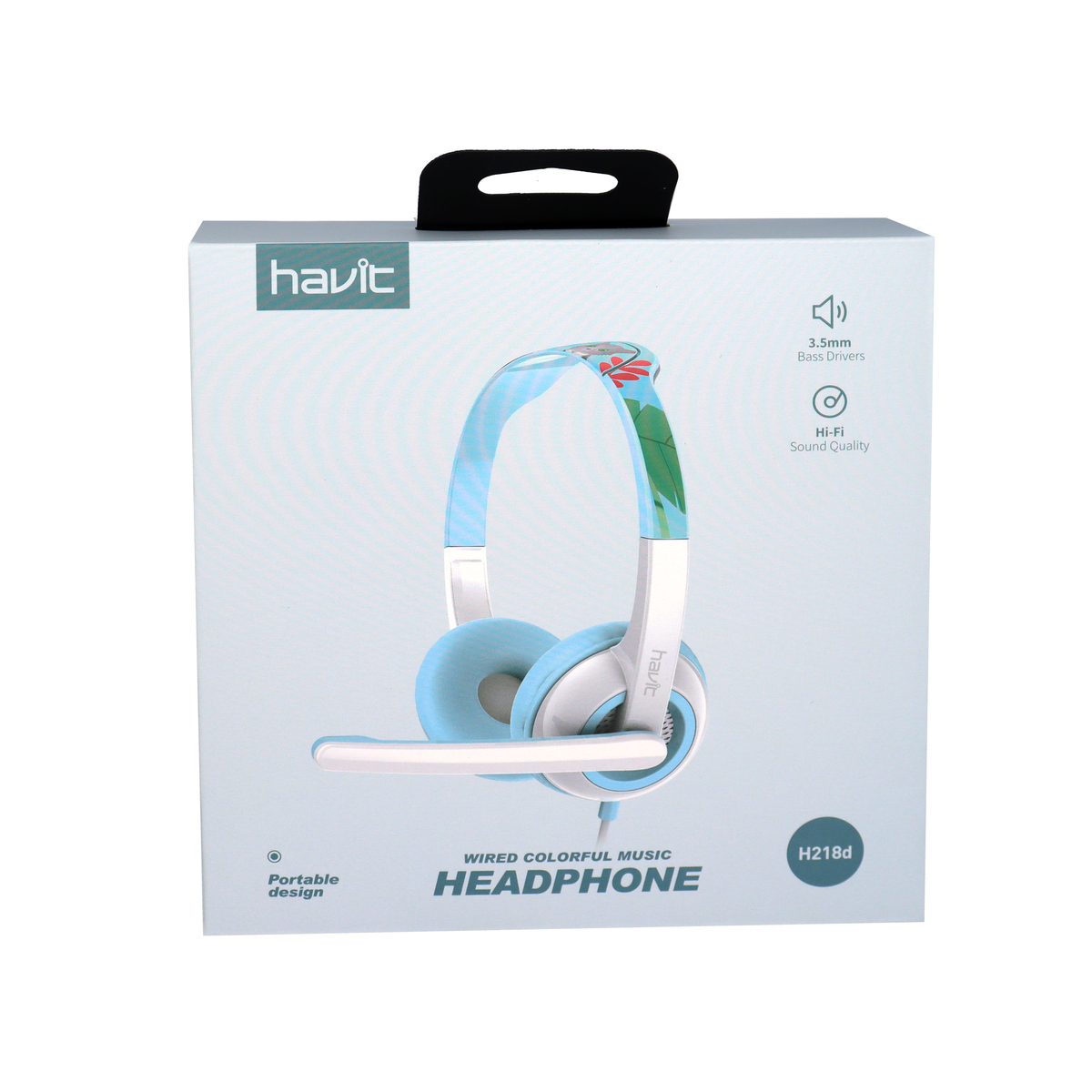 Una caja de auriculares con unos auriculares dentro, sobre un fondo blanco.