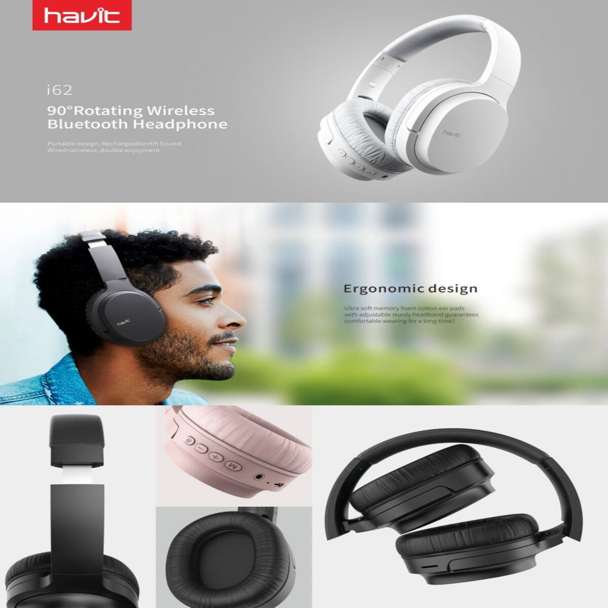 Múltiples imágenes de auriculares blancos y negros con un hombre usándolos. Superposición de texto.