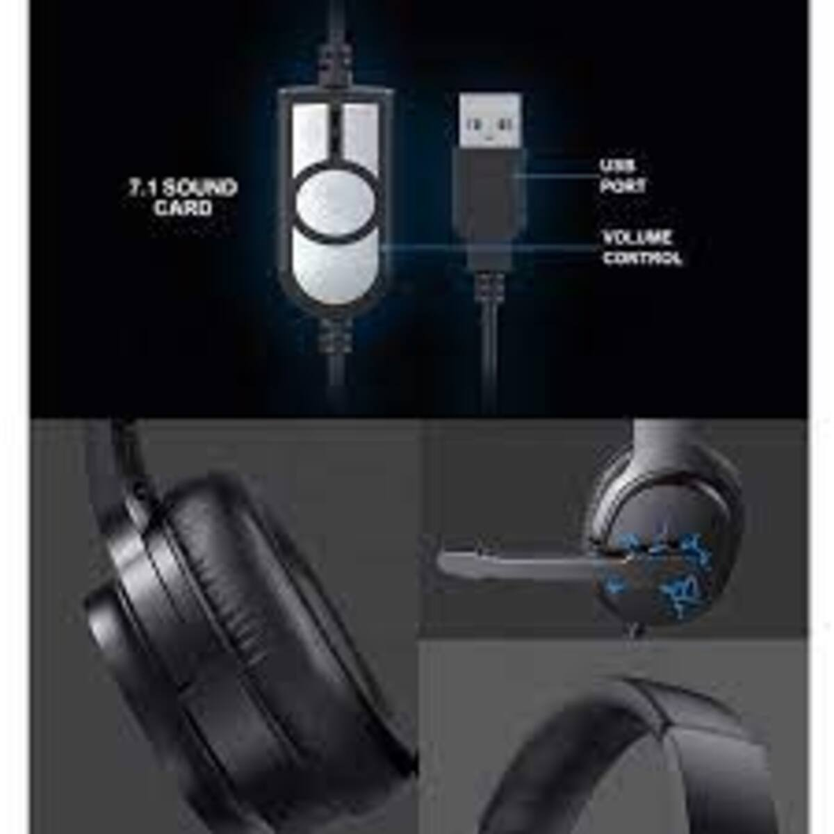Auriculares con tarjeta de sonido 7.1, puerto USB y control de volumen.